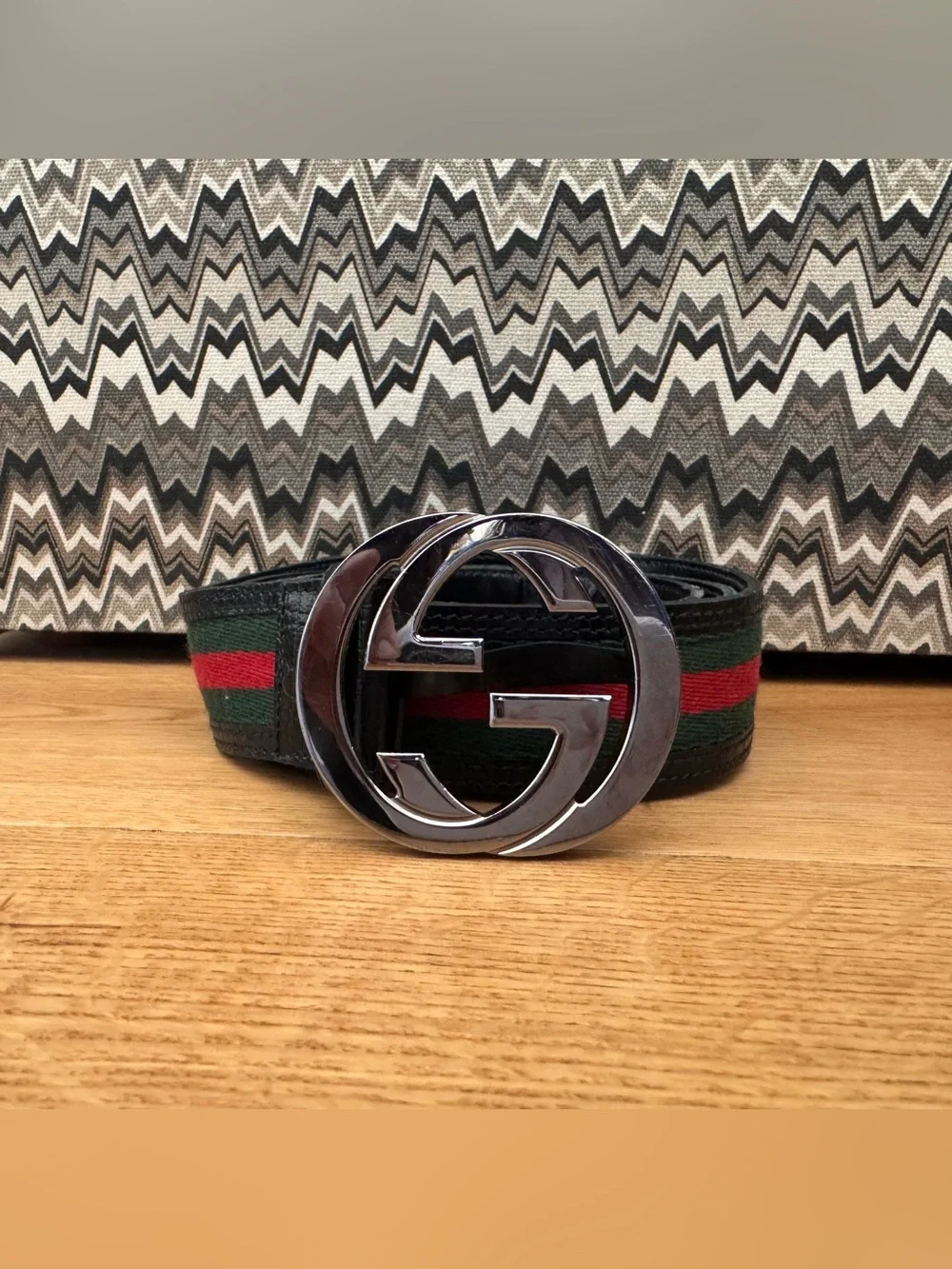 GUCCI MEN'S BLACK RED & GREEN WEB BELT WITH SILVER G BUCKLE SIZE 105 AUTHENTIC